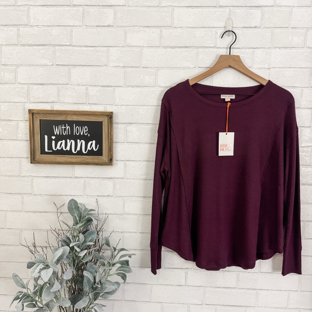 KNOX ROSE Ribbed Knit Dark Purple Loose Fit Long Sleeve Top